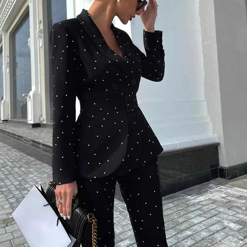 Women's Elegant Blazer Pant suit Black Red Polka Dot Long Sleeve With Belt Work Office Female Casual Jackets 2 Pieces Set