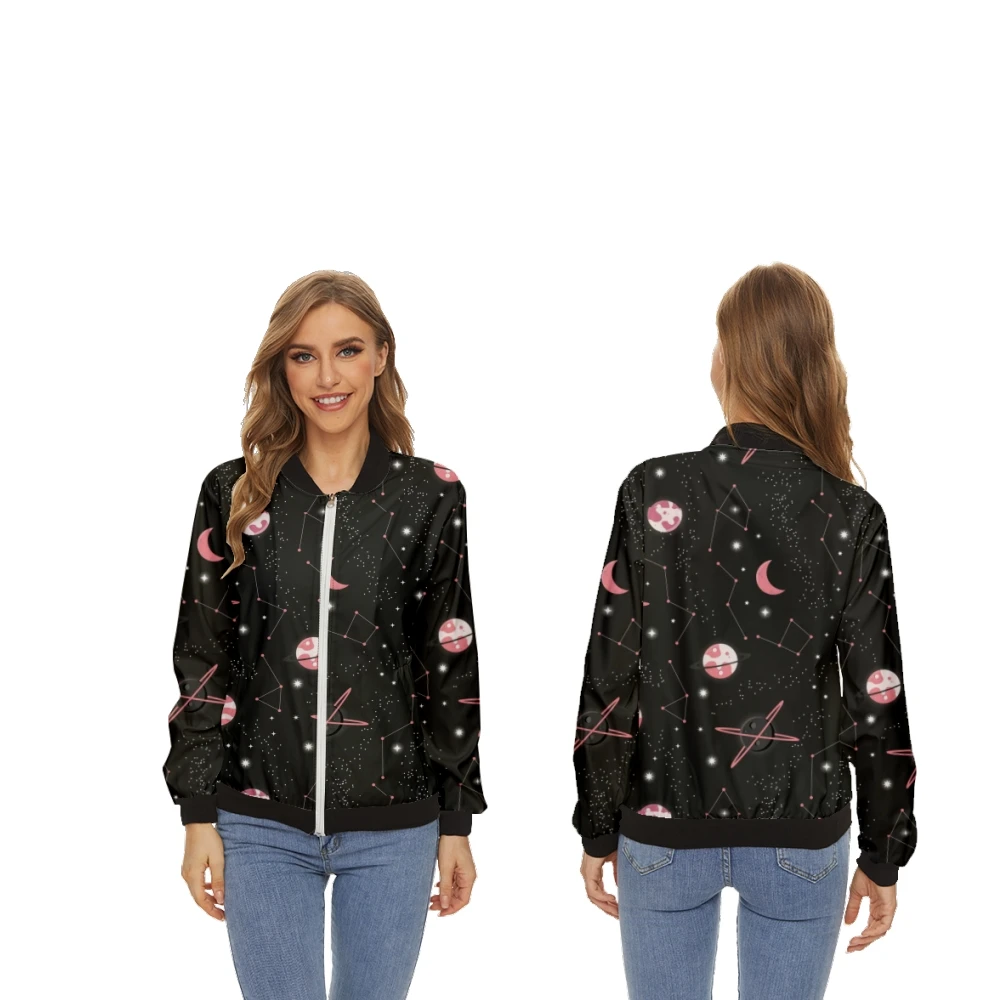 

Women's Jackets Moon Star Pattern Tops Long-Sleeved Baseball Collar Zipper Coat Slim Lady Girls Jacket Street Style