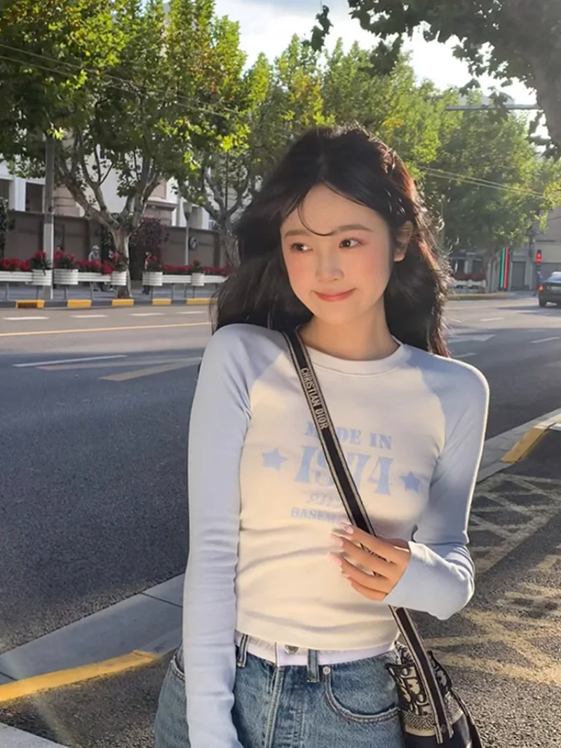 

Contrast Color Raglan Sleeve Slim Crop Tops Hotsweet Japan Style Tees Harajuku O Neck Letter Tshirts Women Y2k Camisetas