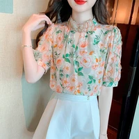 poplin loose new fashion blouse casual short sleeve top printing buttons polo collar summer women shirts