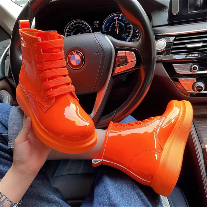 Size 35-44 Ankle Boots Women Flat Platform Boots Fashion Patent Leather Non-slip Waterproof Chunky Shoes Boots Lace Up Shoes