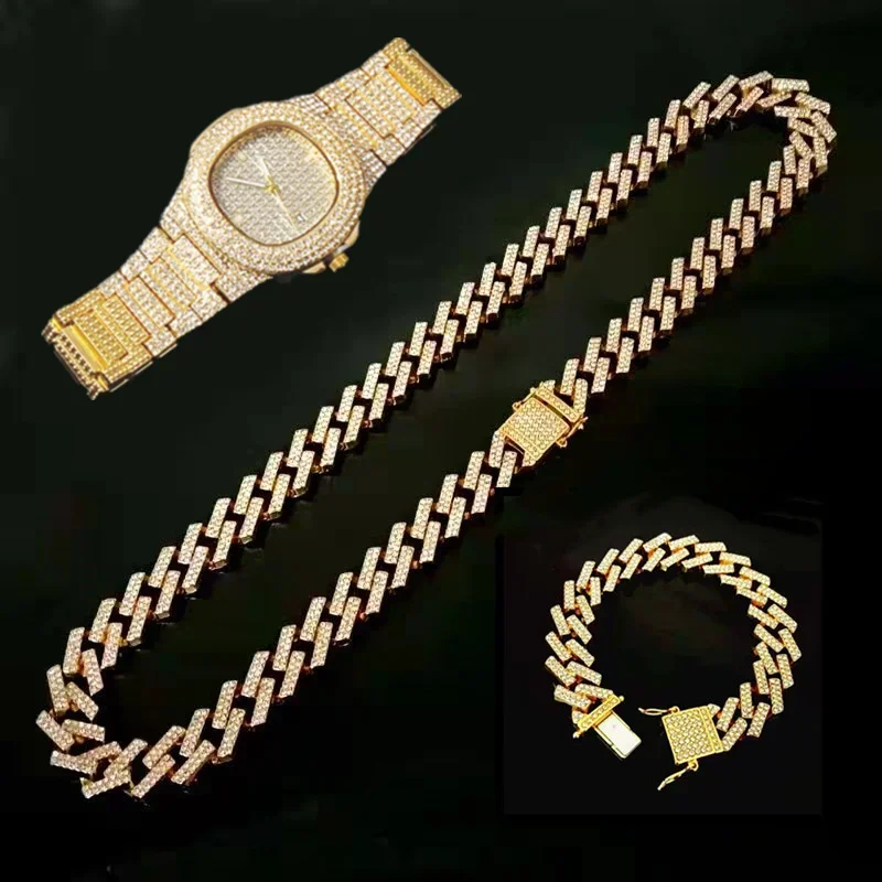 Фото Набор украшений Iced Out: часы, ожерелье-чокер, браслет в стиле хип-хоп Miami Cuban Chain, золотистые, с крупными стразами, для мужчин и женщин №1
