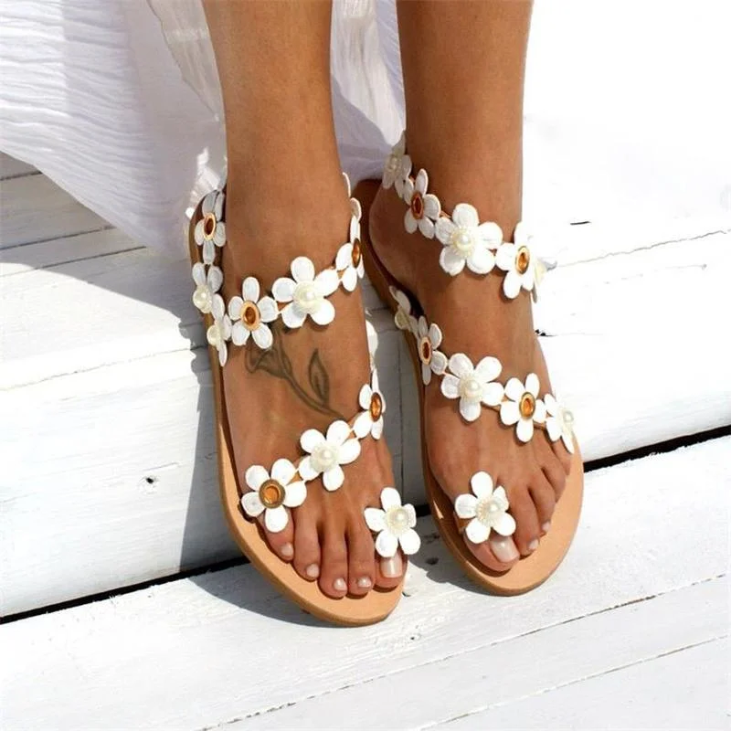 

Summer Women Elegant Sandals Flat Luxurious Small Flower Dresses Social Flat Slip-On White Bridal Free Shipping Trends 2022 New