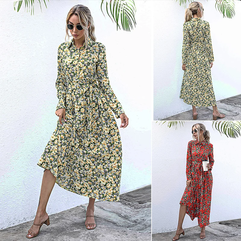 

ASDS-Autumn Vintage Dress Clothes Women Printed Long-Sleeve Lapel Dress Women Long A-Line Dress
