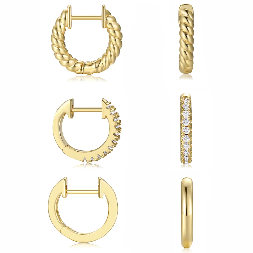 Серьги-кольца женские золотистые с микро-инкрустацией из циркона 12/14/16 мм