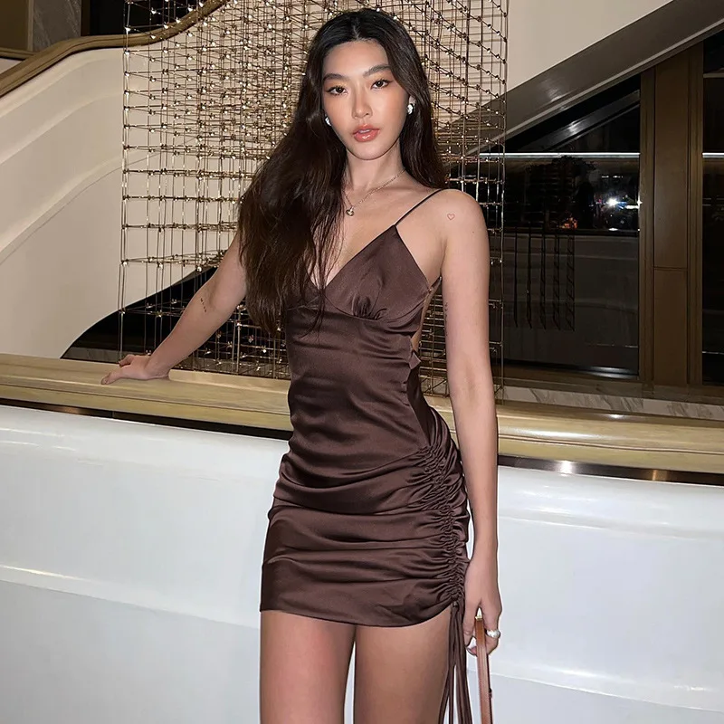 

Wepbel Sexy Bodycon Dress Women Spaghetti Strap Sleeveless V-neck Satin Dress for Women Drawstring Summer Lace Club Party Dress