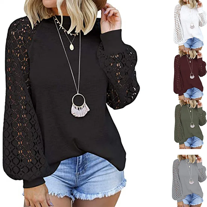 

2022 new round neck V-neck long-sleeved lace stitching loose blouse women female casual tops