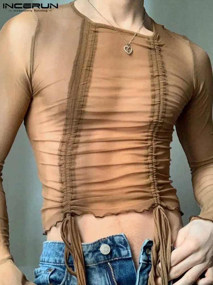 

INCERUN Men T Shirt Mesh Transparent O-neck Long Sleeve Drawstring Folds Sexy Camisetas 2022 Streetwear Personality Tee Tops 5XL