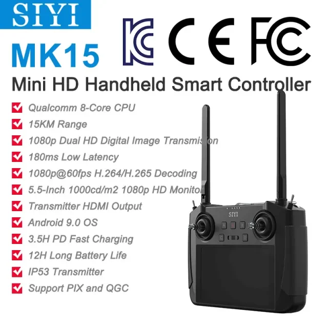 

SIYI MK15 Mini HD Handheld Enterprise Smart Controller 5.5inch LCD Touchscreen 1080p 60fps FPV 180ms Latency for UAV UGV 15KM
