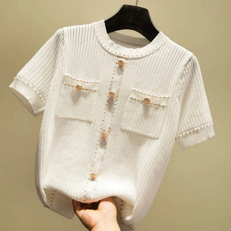 

2023 Summer Casual Button Thin Knitted T Shirt Women Hollow Out Tee Shirt Femme Tops T Shirts Female Tshirt Woman Clothes White