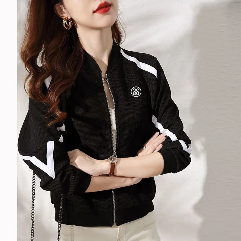 

2023 Women Golf Jacket coat Waffle fabric Fashion Spring Autumn Golf Clothing cardigan Ladies Golf wear uniform Black white gray
