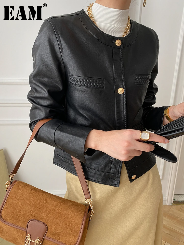

[EAM] Loose Fit Black Elegant Short PU Leather Jacket New O-neck Long Sleeve Women Coat Fashion Tide Spring Autumn 2023 1DF2841