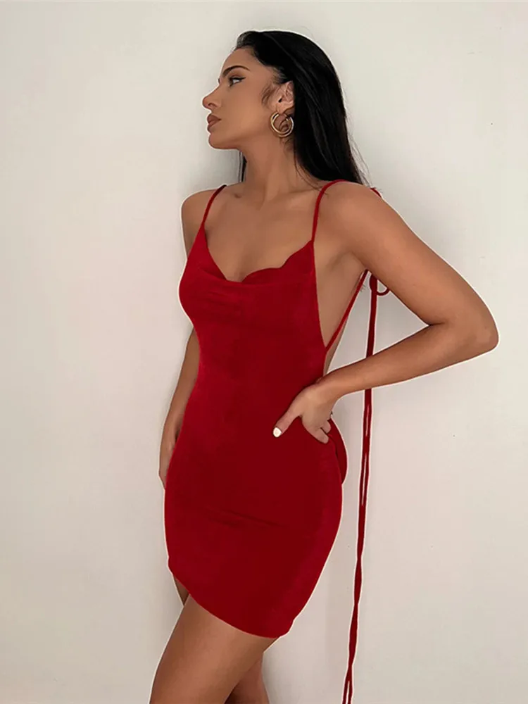 

hirigin Spaghetti Strap Elegant Draped Mini Dress for Women Outfit Summer Sleeveless Backless Sexy Party Club Dresses Robe