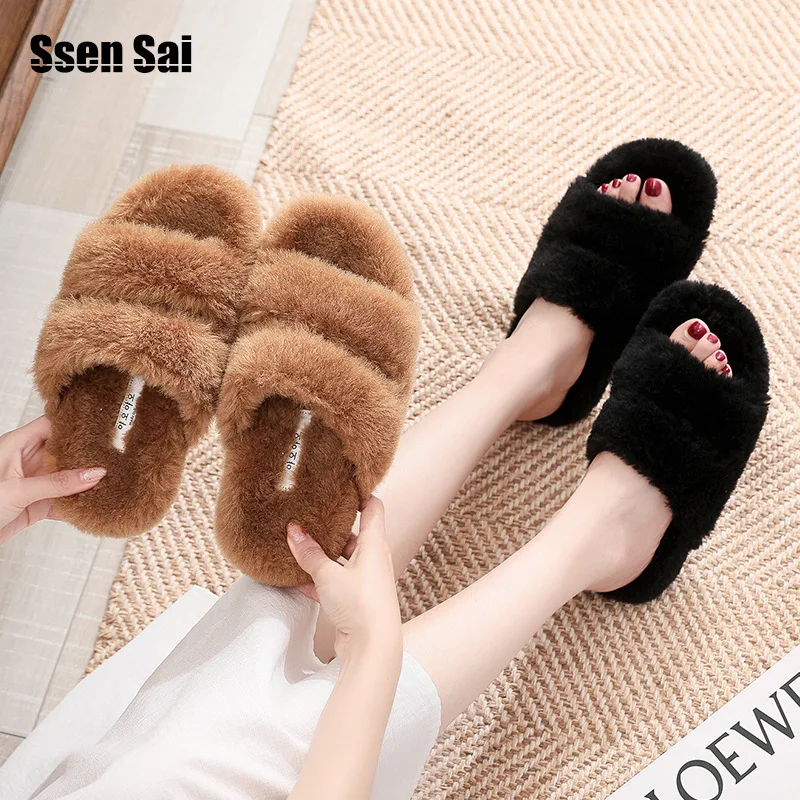 

Новинка Зима 2022, женские тапочки из шерсти на плоской подошве, модные повседневные теплые шерстяные тапочки