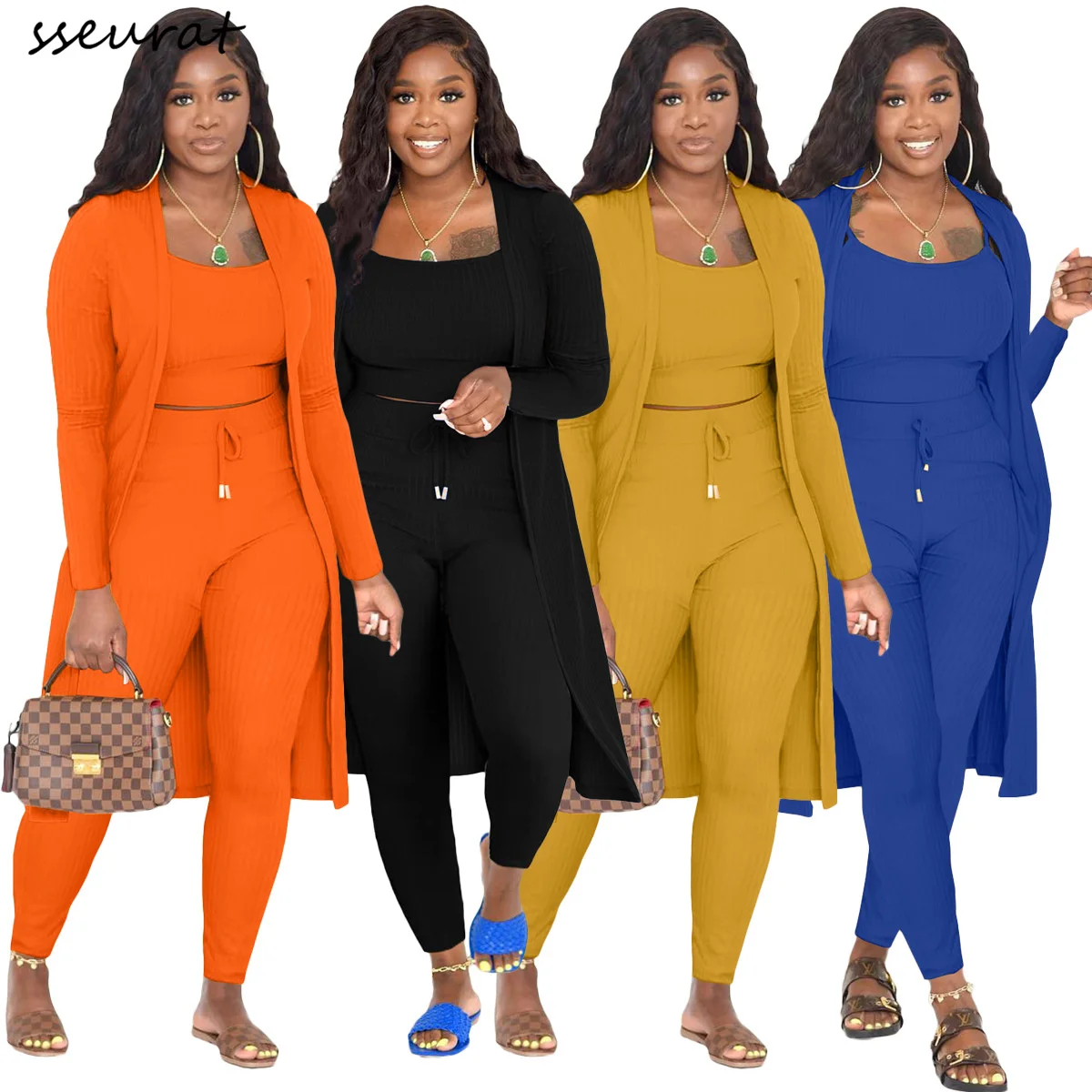 

Women Sets Casual Ribbed Long Sleeve Coats + Tank+High Waist Sweatpants Jogger Pant Suits Sporty Three Pieces Outfit