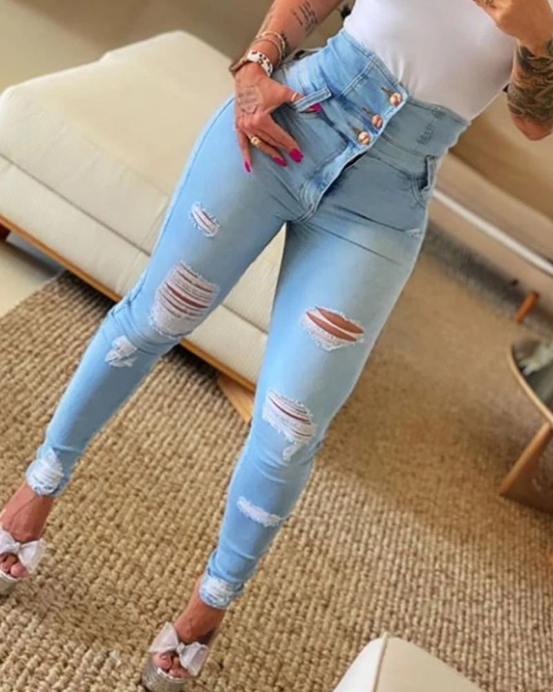 2023 New Streetwear Womens Clothing High Waist Button Ripped Tight Jeans Fashion Casual Bodycon Trousers Skinny Denim Long Pants