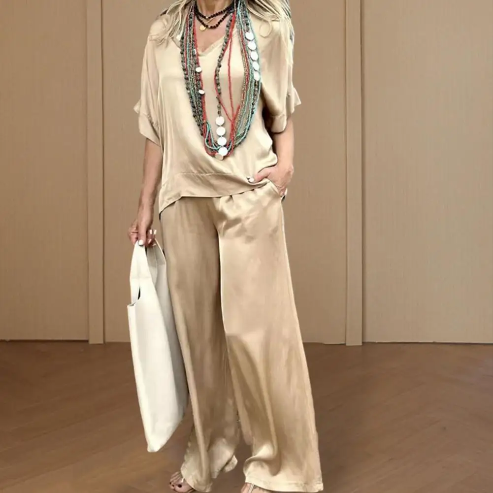 

Women Solid Color Outfit Versatile Women's Casual Set Loose Fit V-neck Pullover T-shirt with Elastic Waist Wide Leg Pants