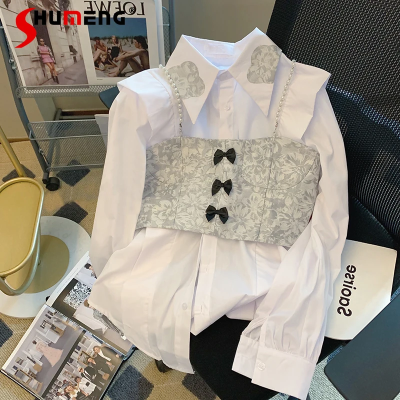 

2022 Spring and Autumn New High-End Loose Long Sleeve Thin White Shirt and Women's Beaded Sling Bandage Bow Vest Two-Piece Suit