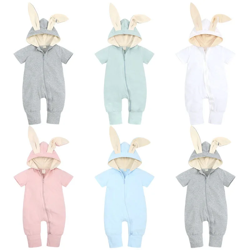

Newborn Baby Rompers 2022 Summer Girl Clothes Short Sleeve Zipper Baby Boys Bodysuits Ropa Bebe Cute Rabbit Ear Baby Clothes