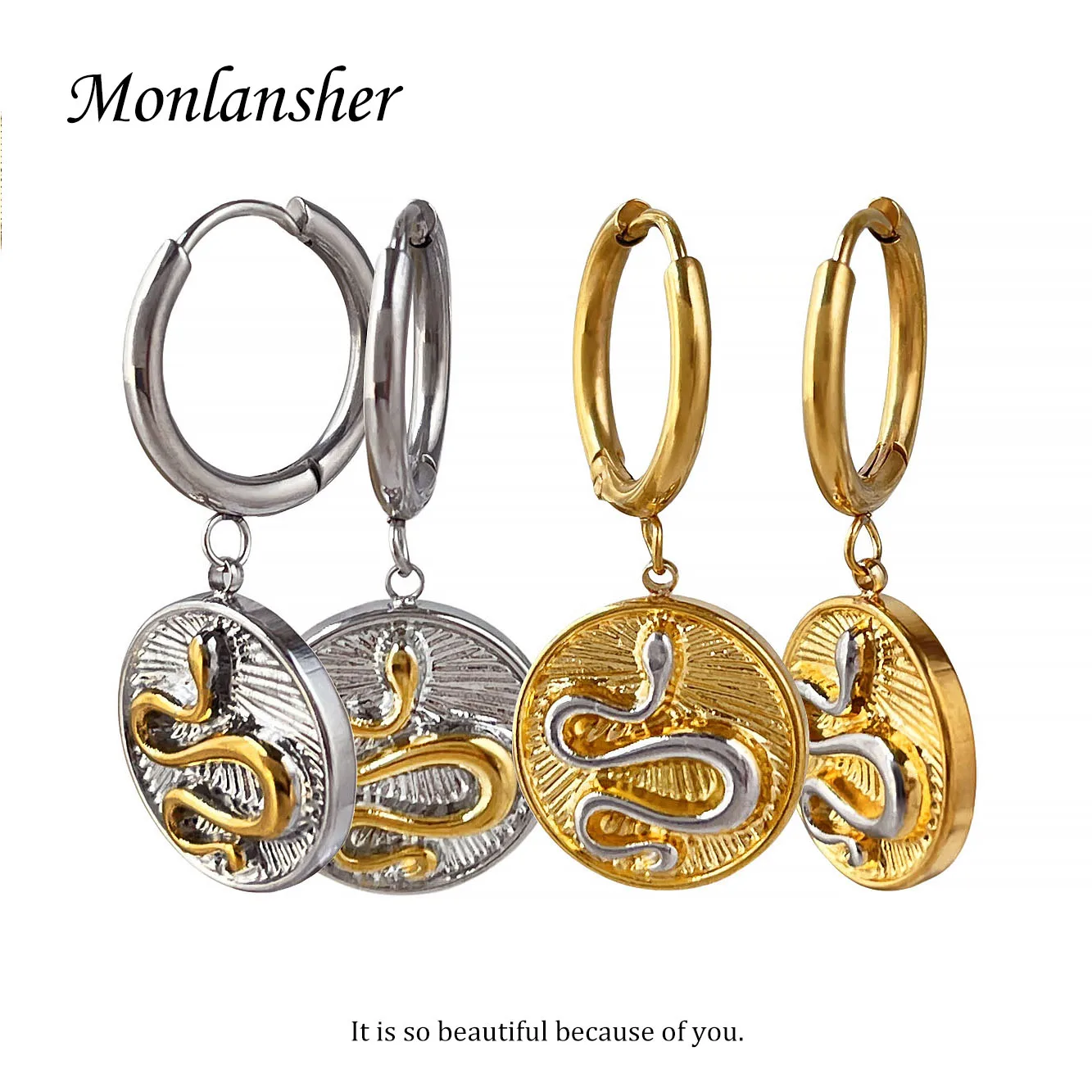 

Monlansher New Mix Gold Silver Color Snake Cameo Coin Hoop Earrings for Women Stainless Steel Medallion Serpent Earrings Vintage