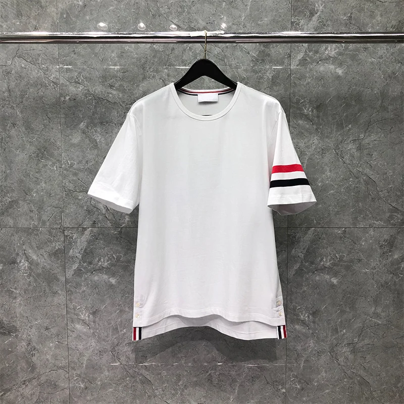 

Summer T-shirts TB New THOM Arrival White Pure Cotton Red Blue Stripes O-neck Solid Top Women Korean Style Casual Sport T Shirt