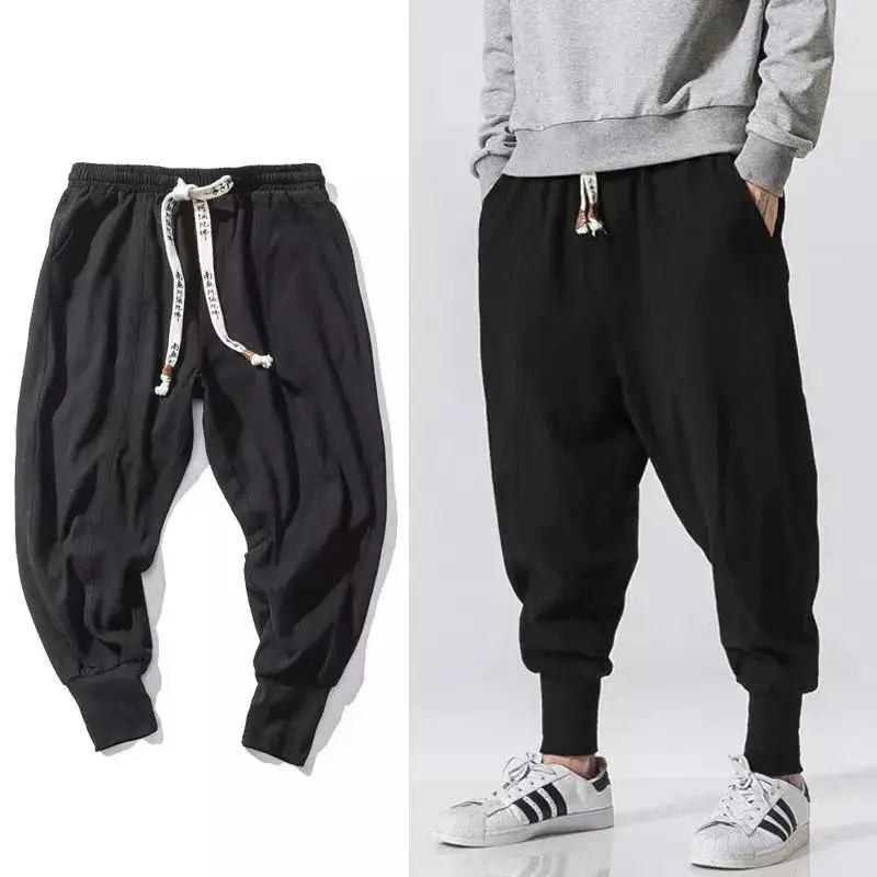 

Chinese Style Harem Pants Men Streetwear Casual Joggers Mens Pants Cotton Linen Sweatpants Ankle-length Men Trousers M-5XL