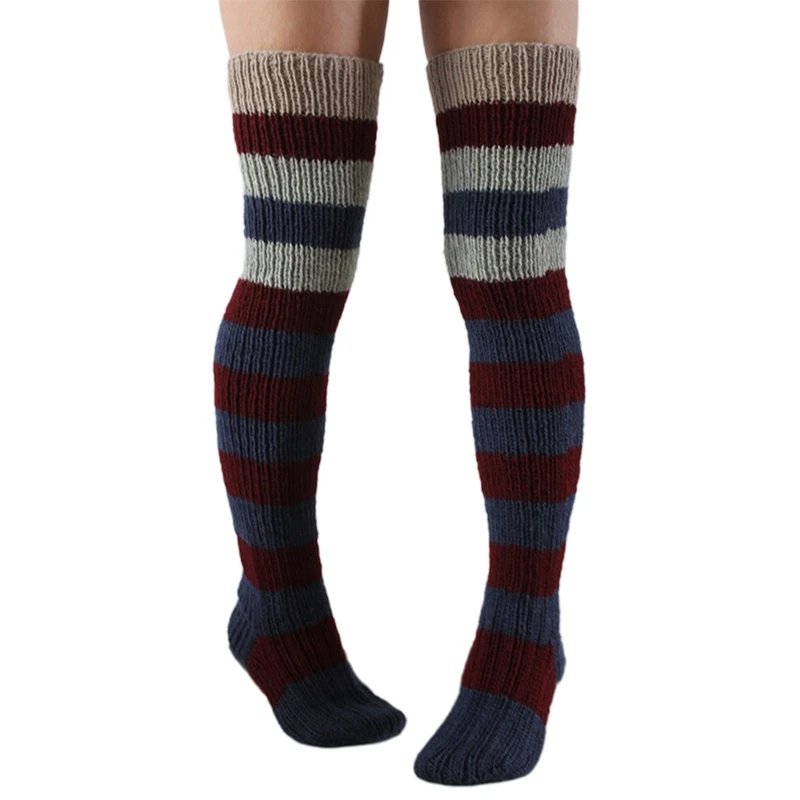 

Womens Thigh High Socks Over the Knee Crochet Knit Colorful Striped Boot Socks