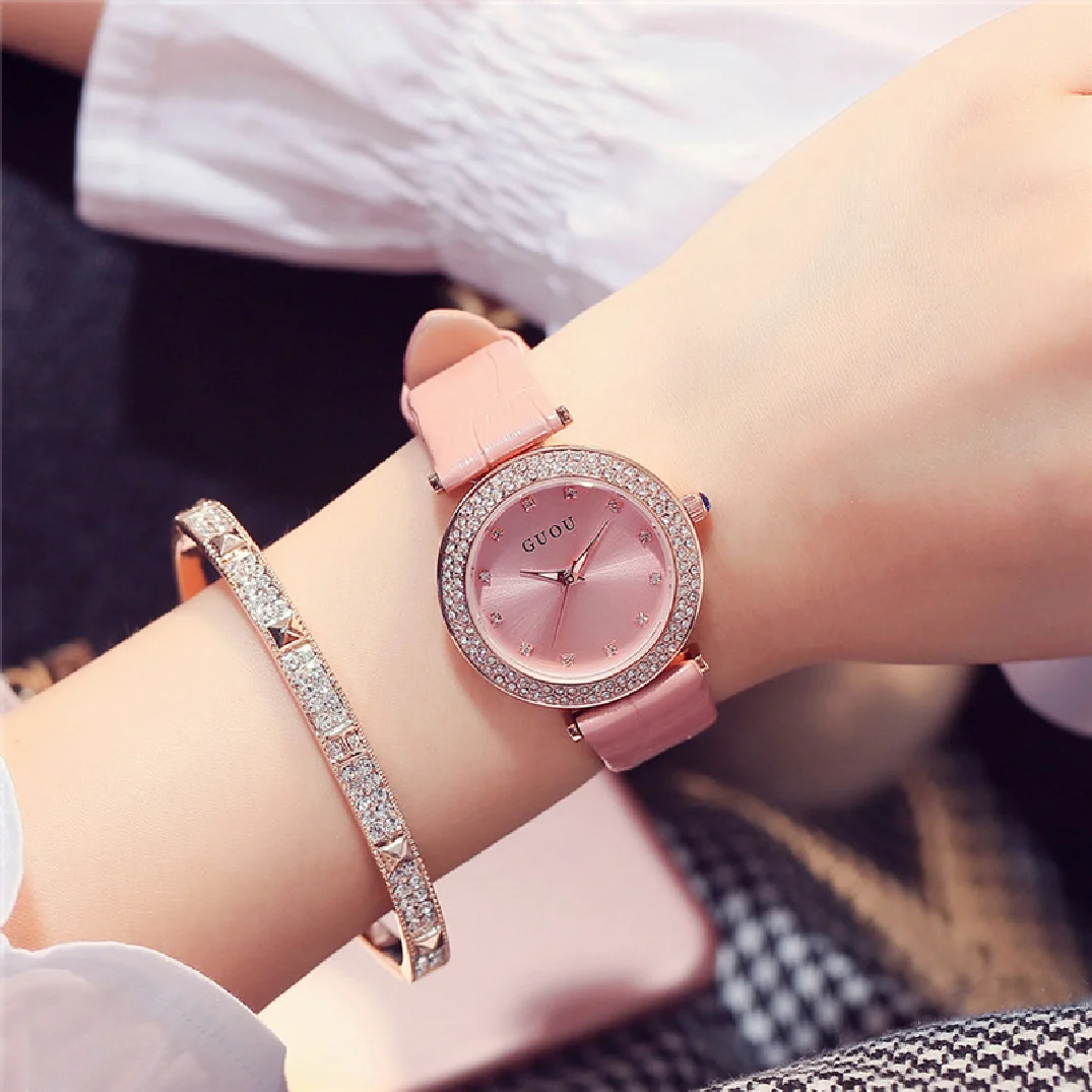Fashion GUOU Brand Crystal Diamond First Layer of Leather Japanese Movt Shockproof Dial Quartz Women Lady Wrist Watch Clock Gift enlarge