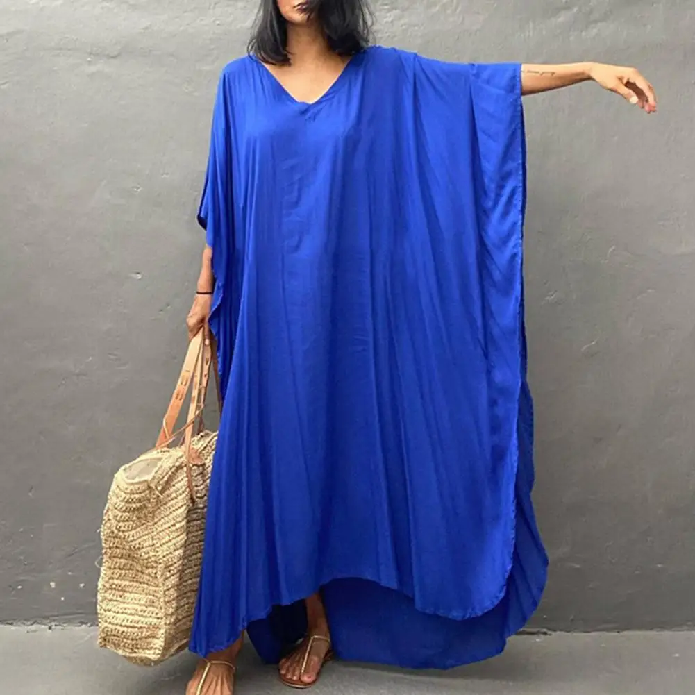 

Solid Blue Long Cover-Ups Casual V-neck Robe Summer Maxi Dress Woman Clothing Beach Wear Swim Suit Cover Up купальник женский