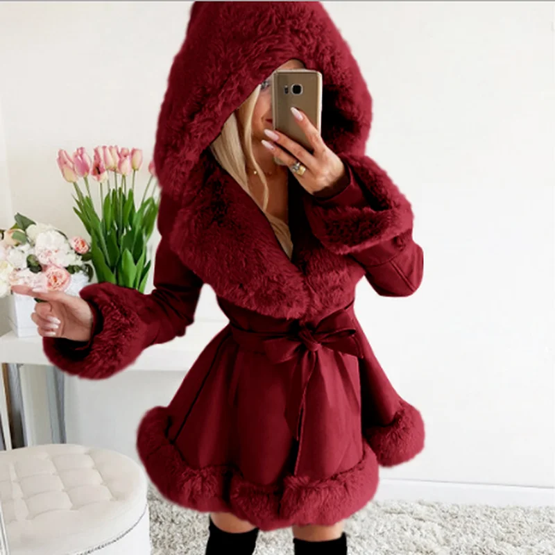 

Pure Color Fashion Self-cultivation PU Fur Stitching Jacket Ladies Elegant Faux Fur Winter Warmth Ruffled Waist Hooded Jacket