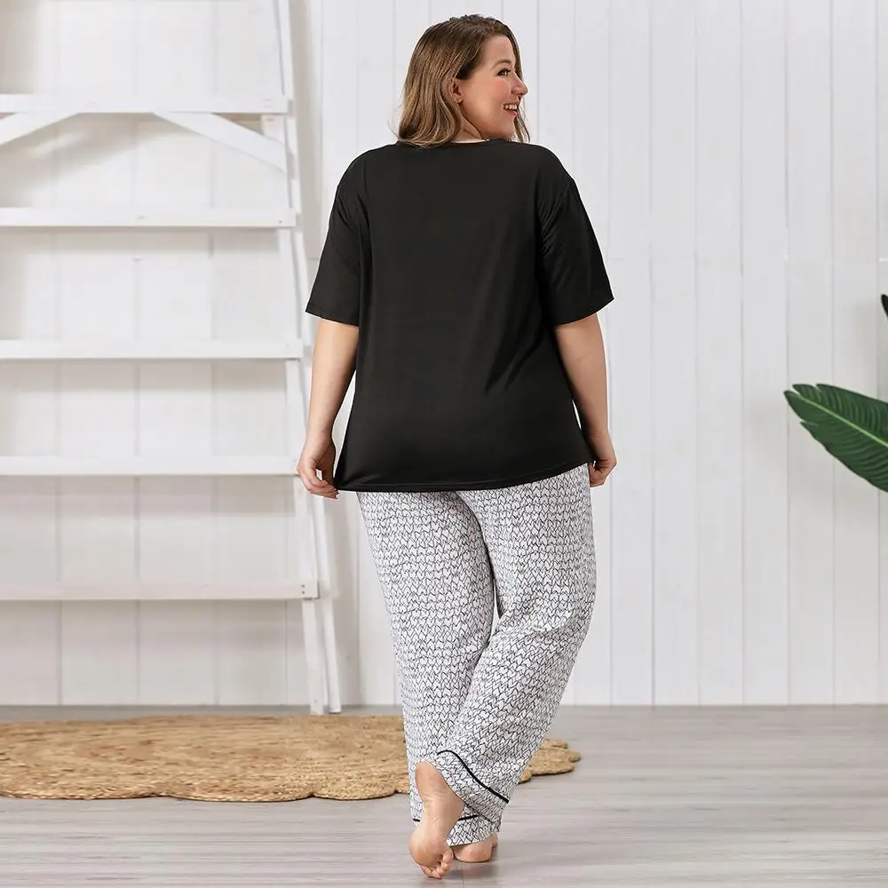  Women's Pajamas Summer Sets Shorts Sleeve O-neck Tshirt Printed Lace-up Straight Trousers Lounge Wear Women Clothing