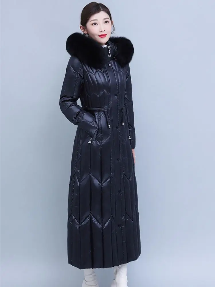 New Women Winter Thicken Keep Warm Down Doat Fashion Real Fox Fur Collar Lengthened Dress-style Down Jacket Slim Hooded Overcoat