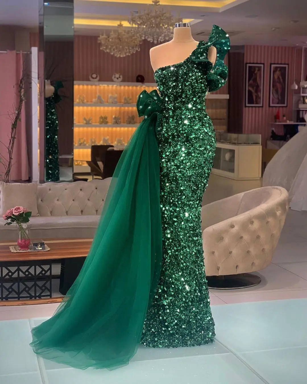 Купи Green Sequins Prom Dress Detachable Dress Mermaid Evening Dress Off Shoulder Cocktail Formal Party Dress Plus Size Customized за 10,464 рублей в магазине AliExpress