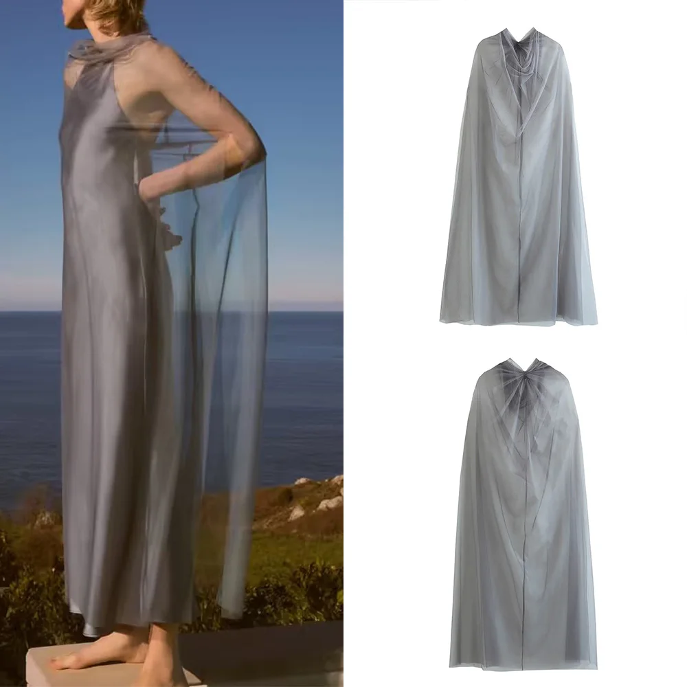 

PB&ZA spring new women's fashion chic ruffle decoration temperament long silk net cape coat 0653035