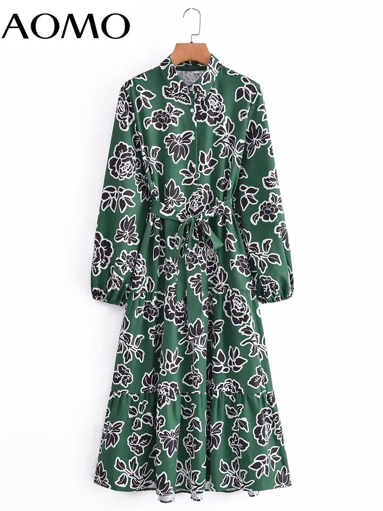

AOMO 2022 Women Flowers Print Dress Turn Down Collar Long Sleeve Office Ladies Midi Dress 3A71A