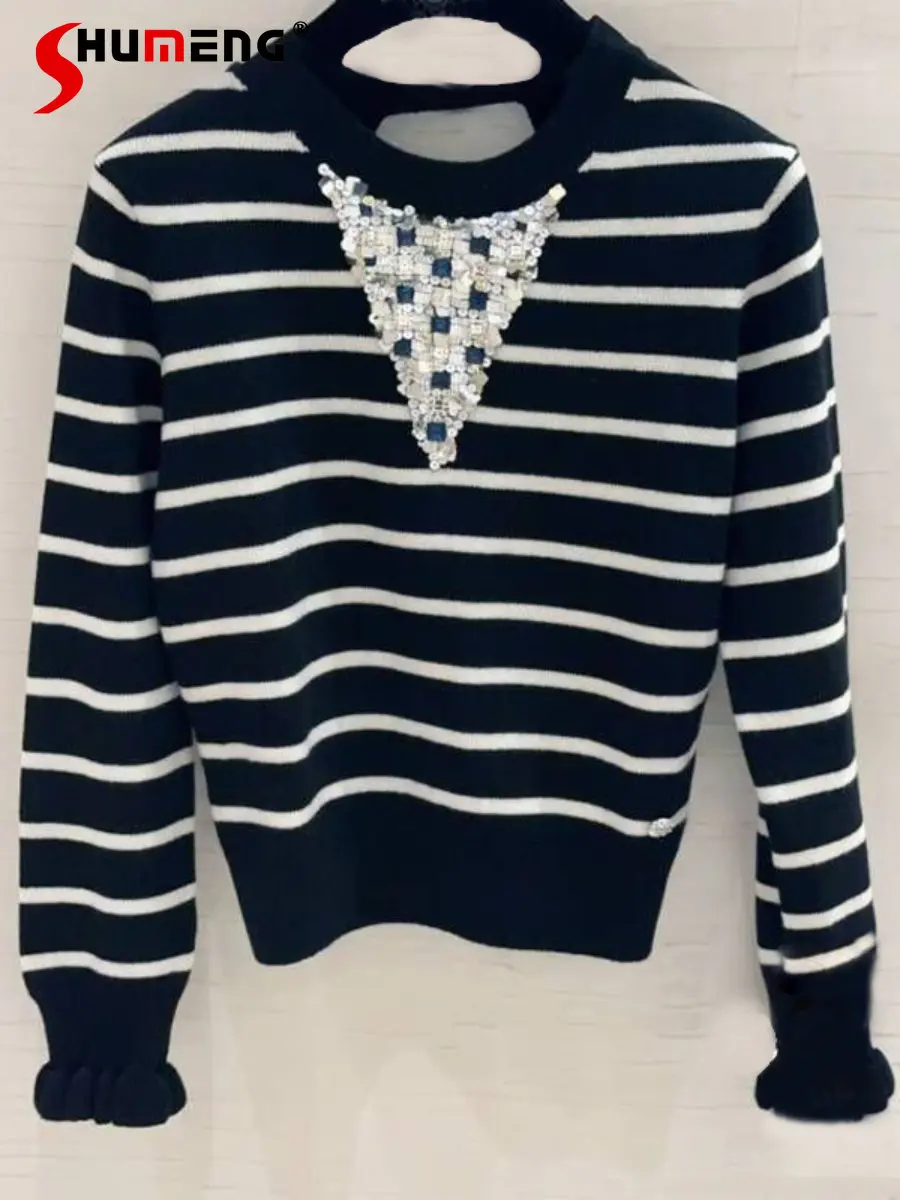 

2023 Early Spring New Women's Fashion Simple Striped Pullover Sweater Ladies Elegant Ruffled Beaded Diamond Backless Knitted Top