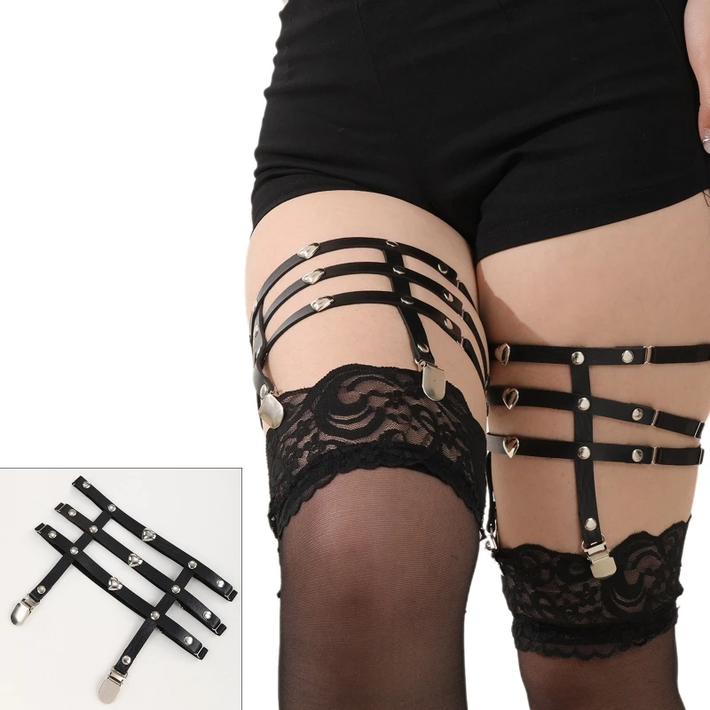 

Gothic Leg Garter Belt with Dangle Heart Decor PU Leather Thigh Clips Elastic Body Clips Jewelry Nightclub Supplies