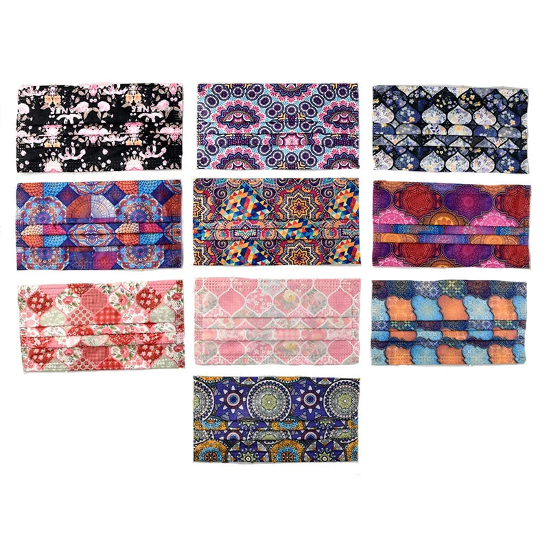 

10Pc Fashion Face Masks Cartoon Ethnic Style Printing Disposable Adults Mask Three-Layer Velvet Spray Breathable Face Mouth Mask
