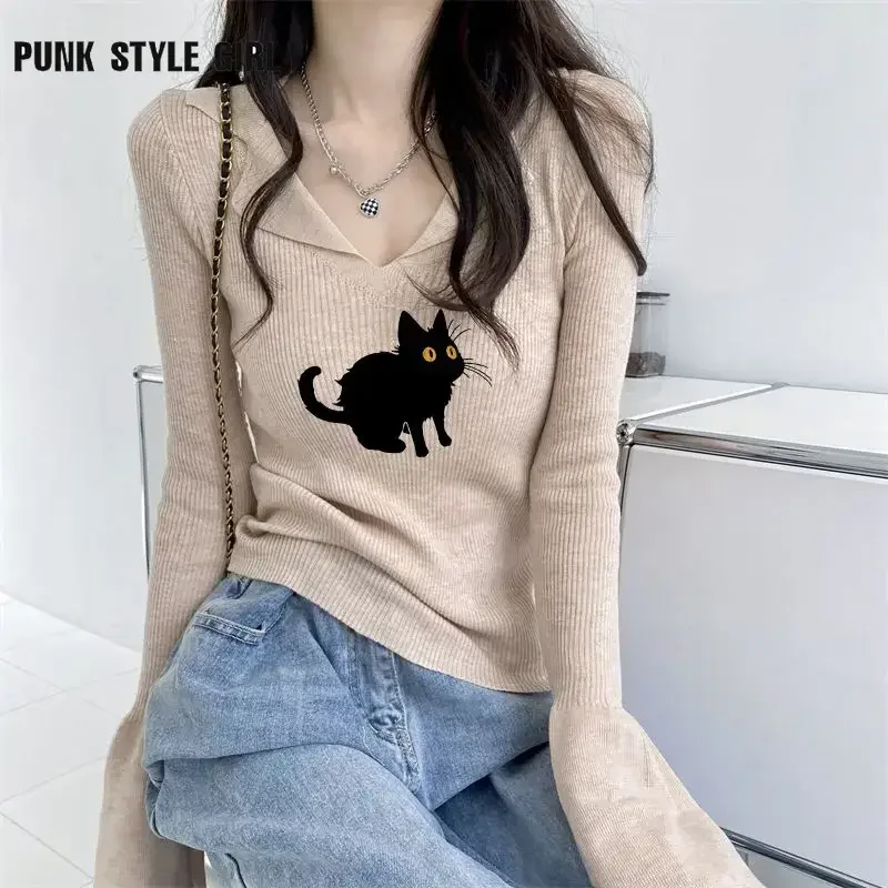 Свитер женский трикотажный с длинным рукавом и V-образным вырезом