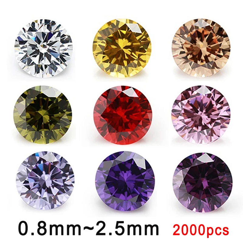 

2000pcs Size 0.8mm-2.5mm Round Loose Cubic Zirconia Stone 5A CZ Stones White Olive Yellow Pink Black Amethyst Garnet Color