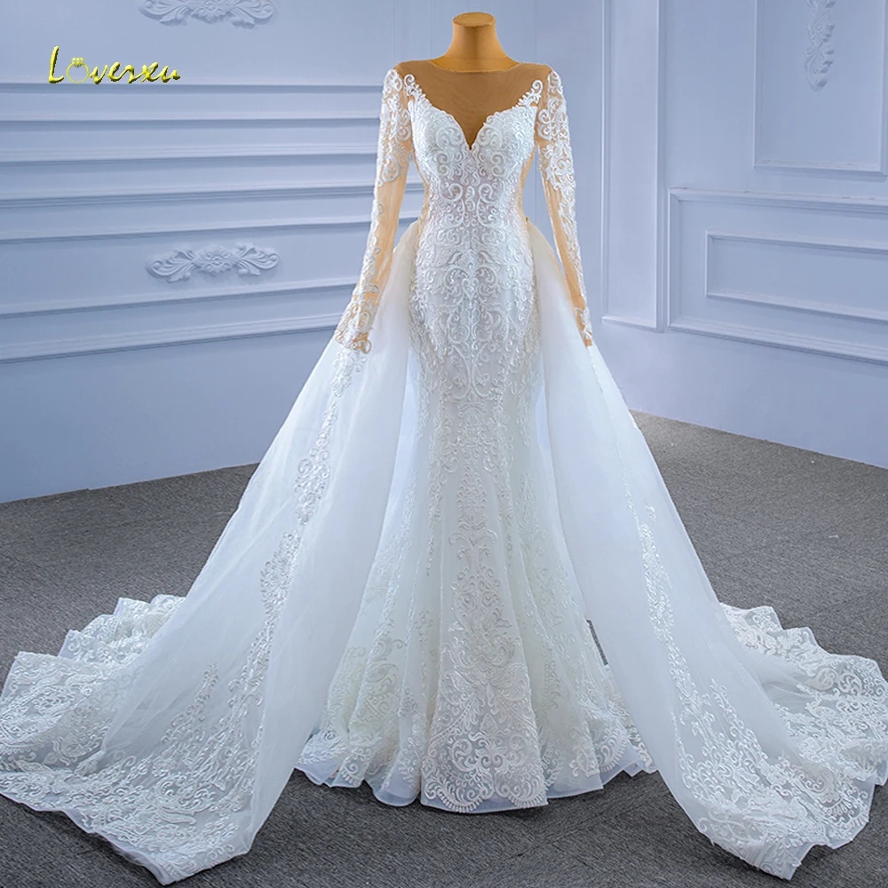 

Женское свадебное платье с юбкой годе Loverxu, платье с круглым вырезом и длинным рукавом, расшитое бисером, со съемным шлейфом и аппликацией, 2023