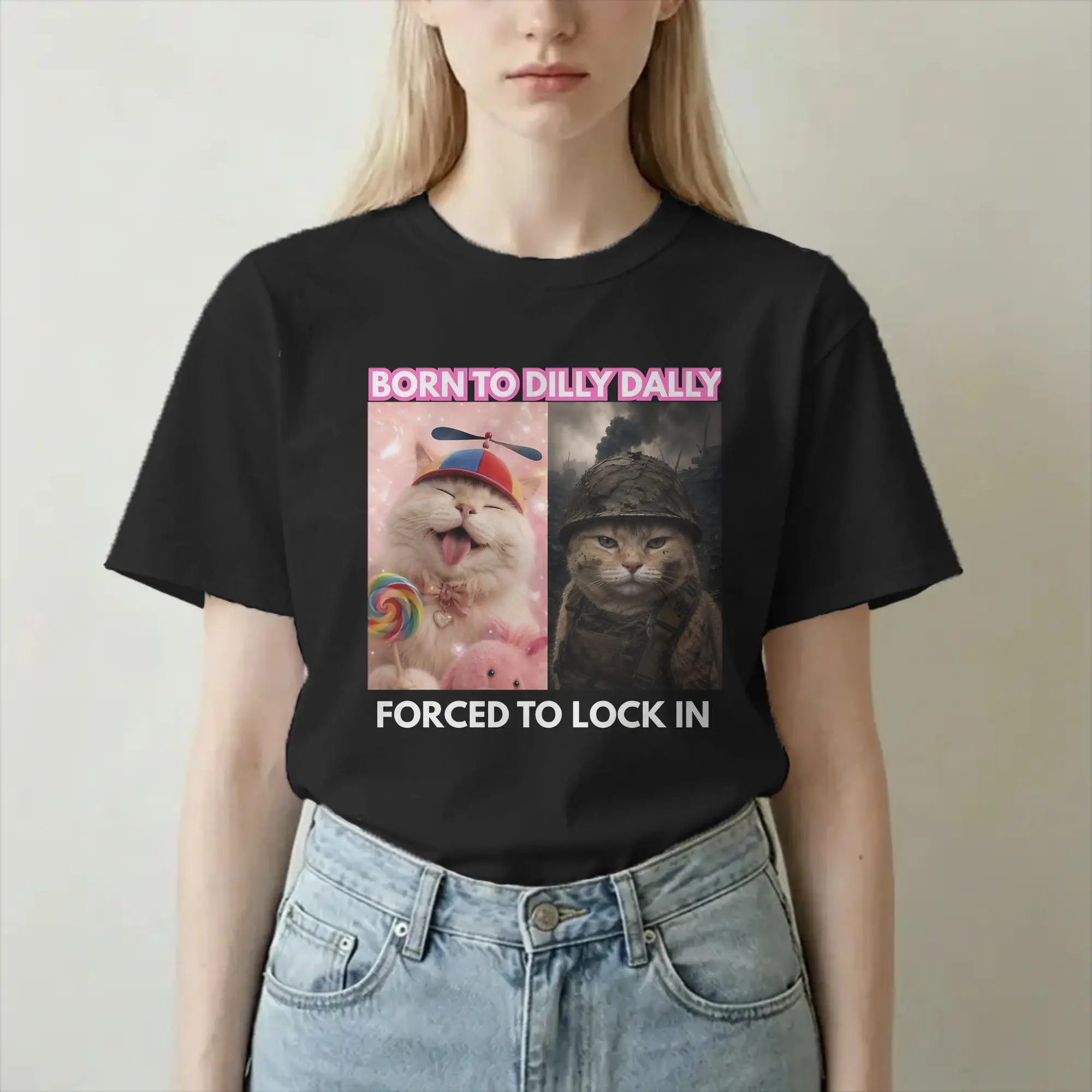 Фото Мужская и женская футболка Born To Dilly Dally Forced To Lock In из чистого хлопка, с коротким рукавом, с кошачьим мемом, одежда, размеры 4XL, 5XL №1