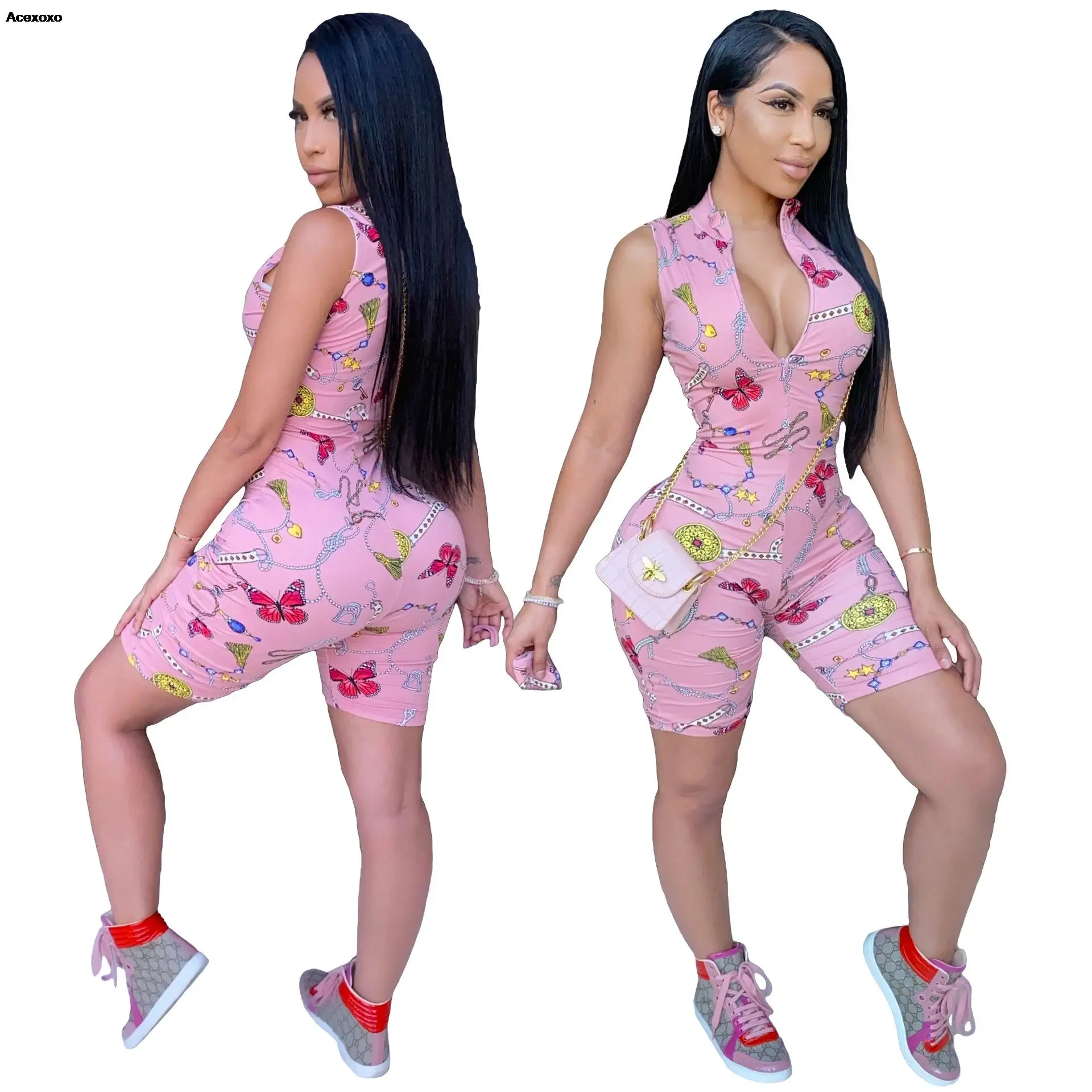 

Stylish casual print sleeveless romper shorts