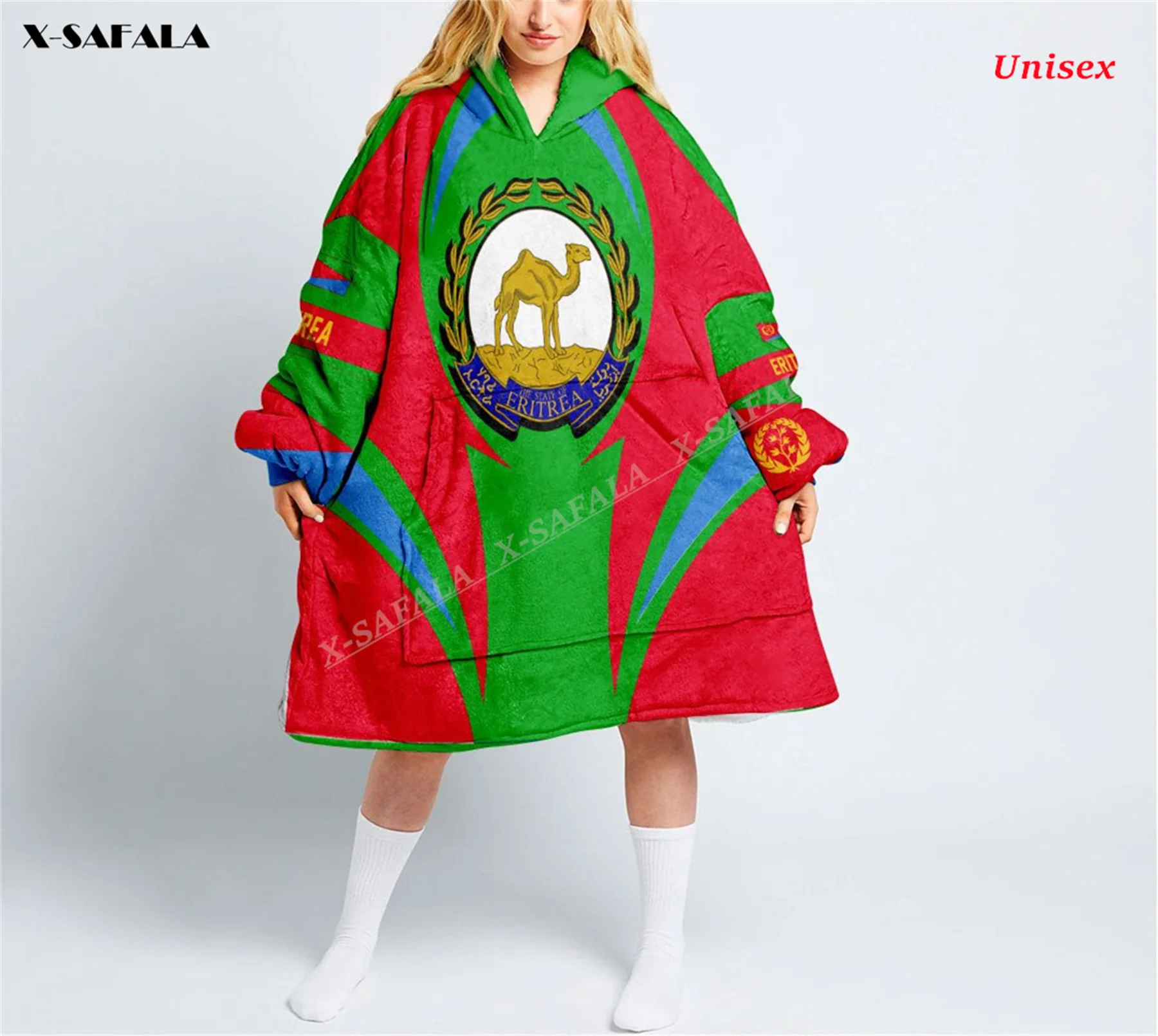 Eritrea Flag Country Winter 3D Print Oversized Hooded Wearable Blanket Hoodie Nightgown Flannel Cotton Men Female Nightwear