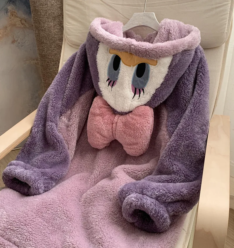 Winter Women Hooded Nightgown Cute Duck Modeling Thick Coral Fleece Sleepwear Robe Loose Flannel Gown Long Nightdress Home Wear