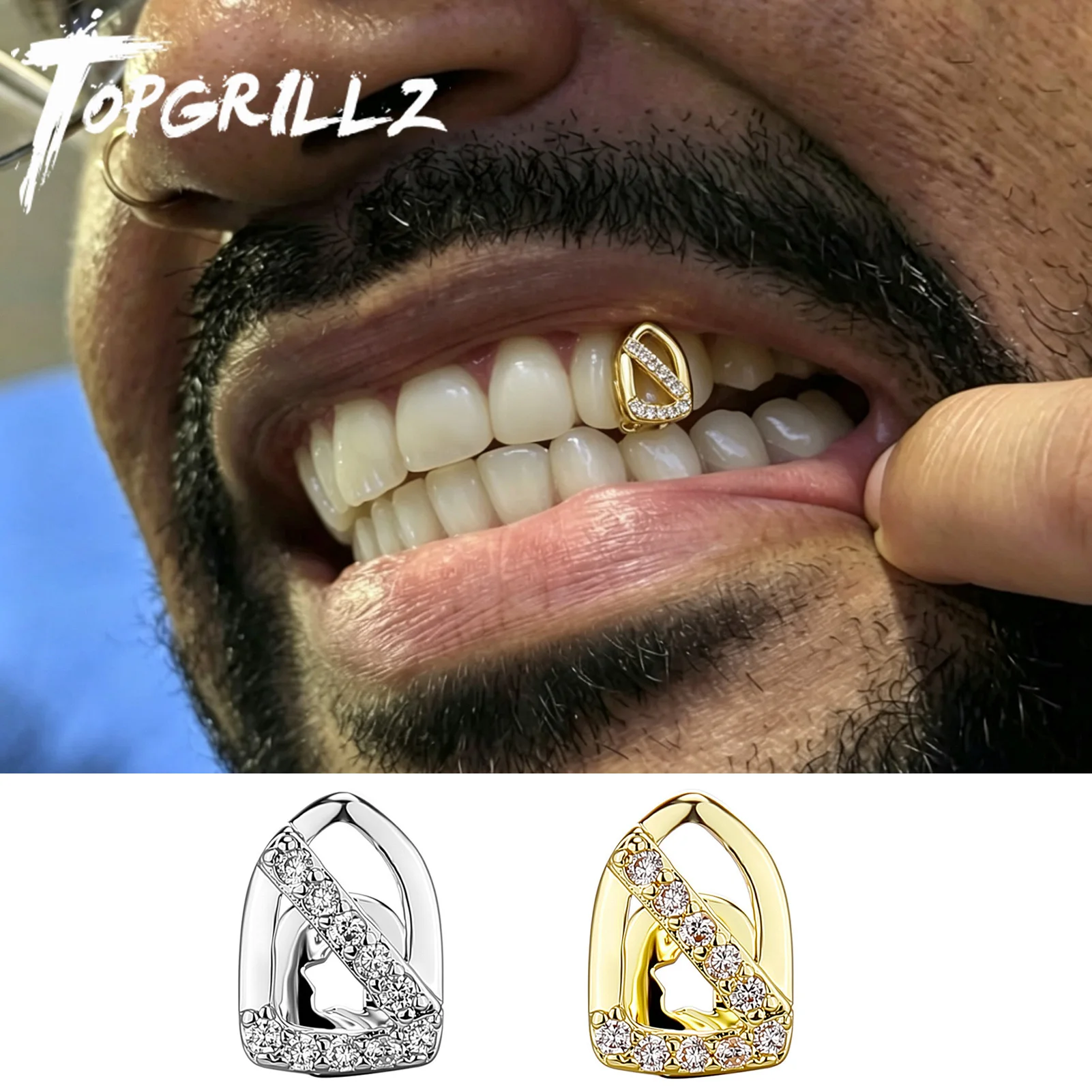 Фото TOPGRILLZ Хип-хоп капы для зубов (гриллз) для женщин и мужчин, блестящие, одиночные, в стиле панк, рэперские украшения, подарок на Рождество №1