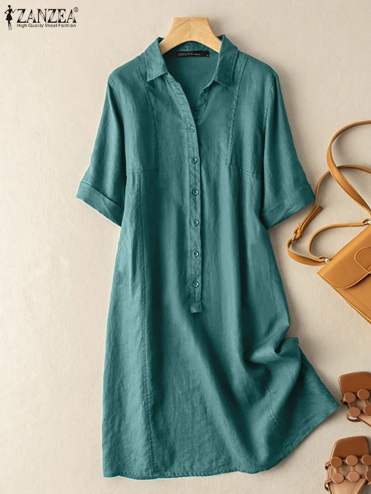 

ZANZEA Work OL Dress Women Solid Color Short Sleeve Vestidos A-line Knee Length Dresses Summer Fashion Holiday Vintage Robe 2022