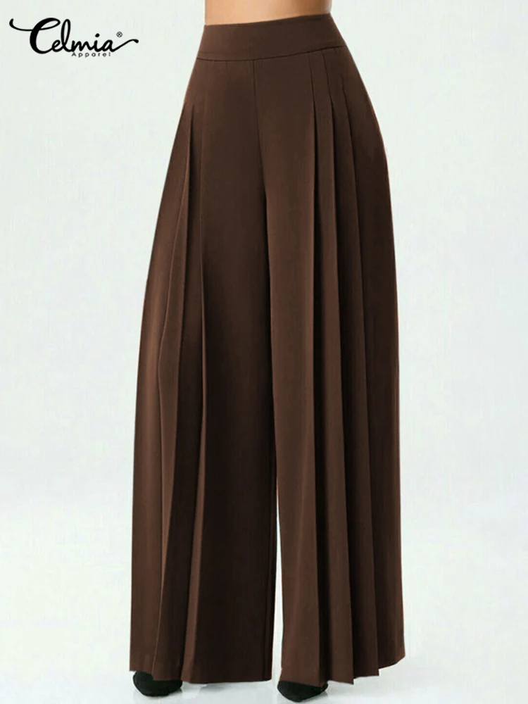 

Celmia Elegant Casual Long Trousers Solid Pleated Elastic High Waist Party Thin Pantalon 2022 Fashion Women Pants Wide Leg Pants