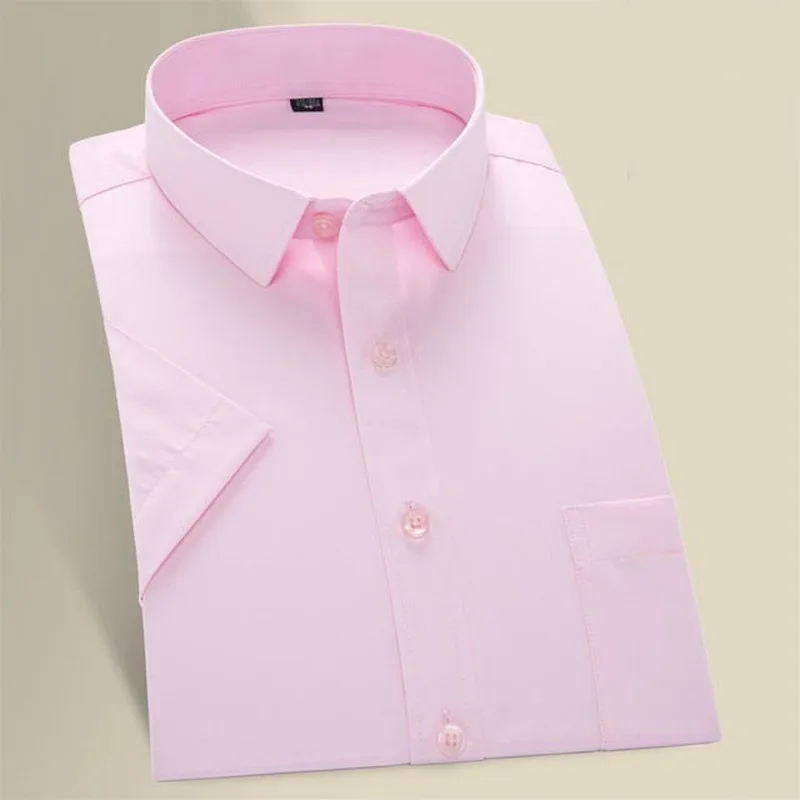 Fashion Summer Short Sleeve White Pink Tops Office Work Business Formal Mens Dress Tails Shirts Casual Brand Men Slim Fit Shirt