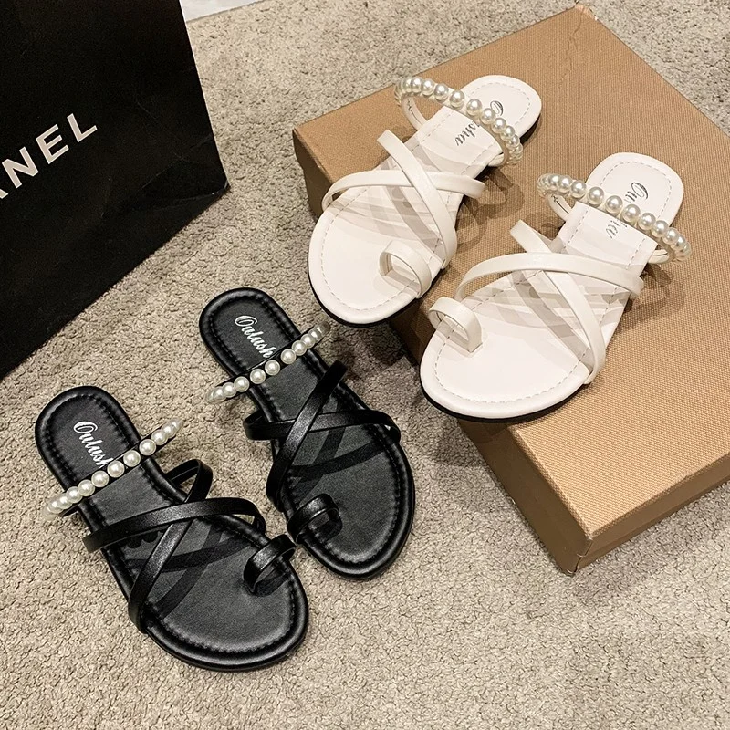 Platform Shoes Women's Slippers Flat Heel Platform Slippers Fashion Solid Color Beaded High Heels Women's Flip Flop Casual